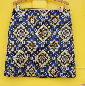 LOFT Blue Gold Metallic Brocade Mini Skirt Medallion Print NWT Size 10